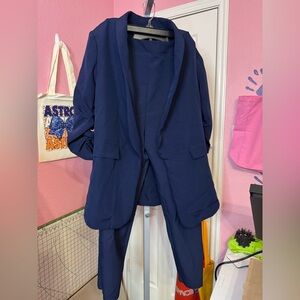 SHEIN Deep Blue Jacket & Pant Suit Set